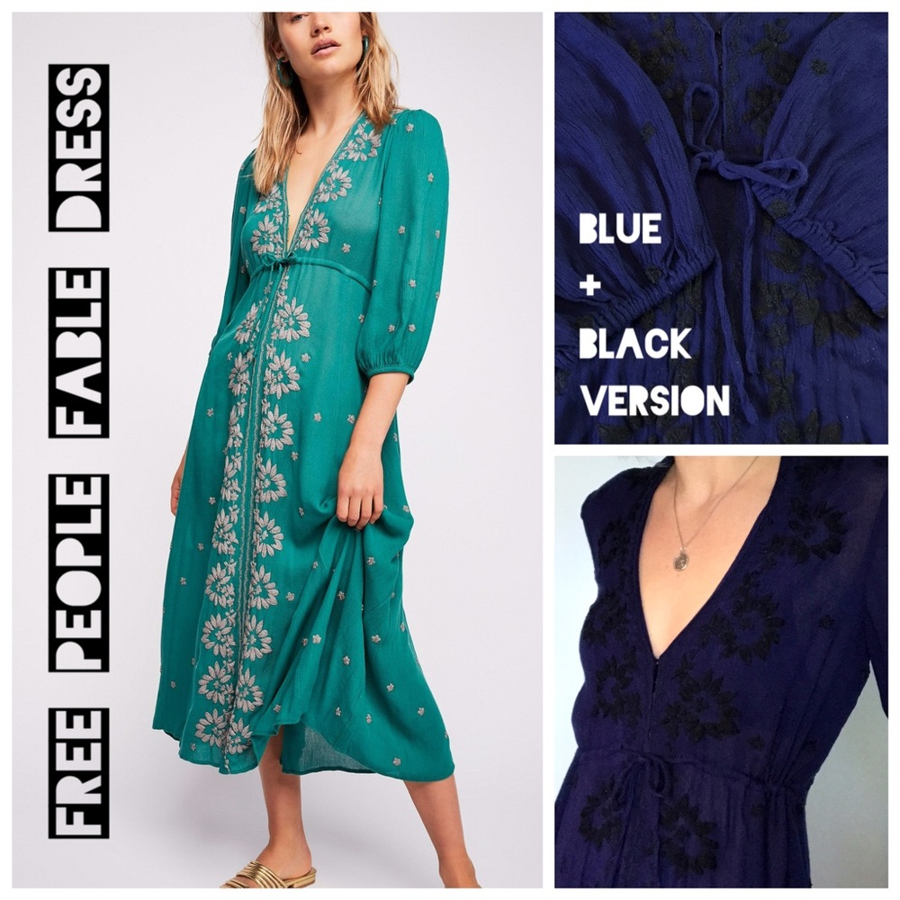 Free People Fable Boho Midi Dress, Blue with Black Floral Embroidery, Size Small